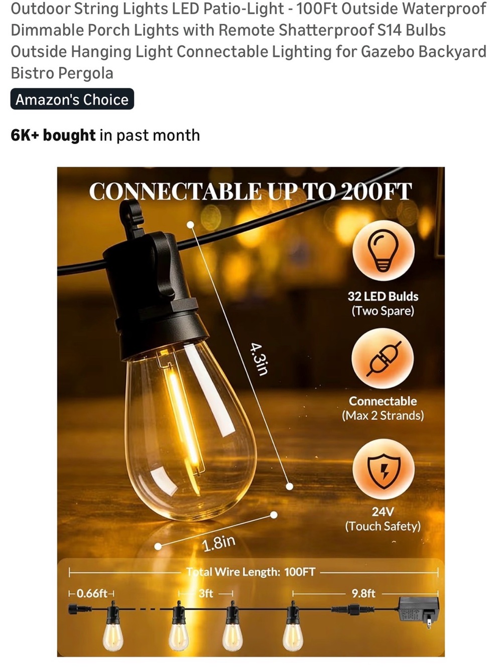 Warm Amber Outdoor String Lights - Connectable Patio Bulbs